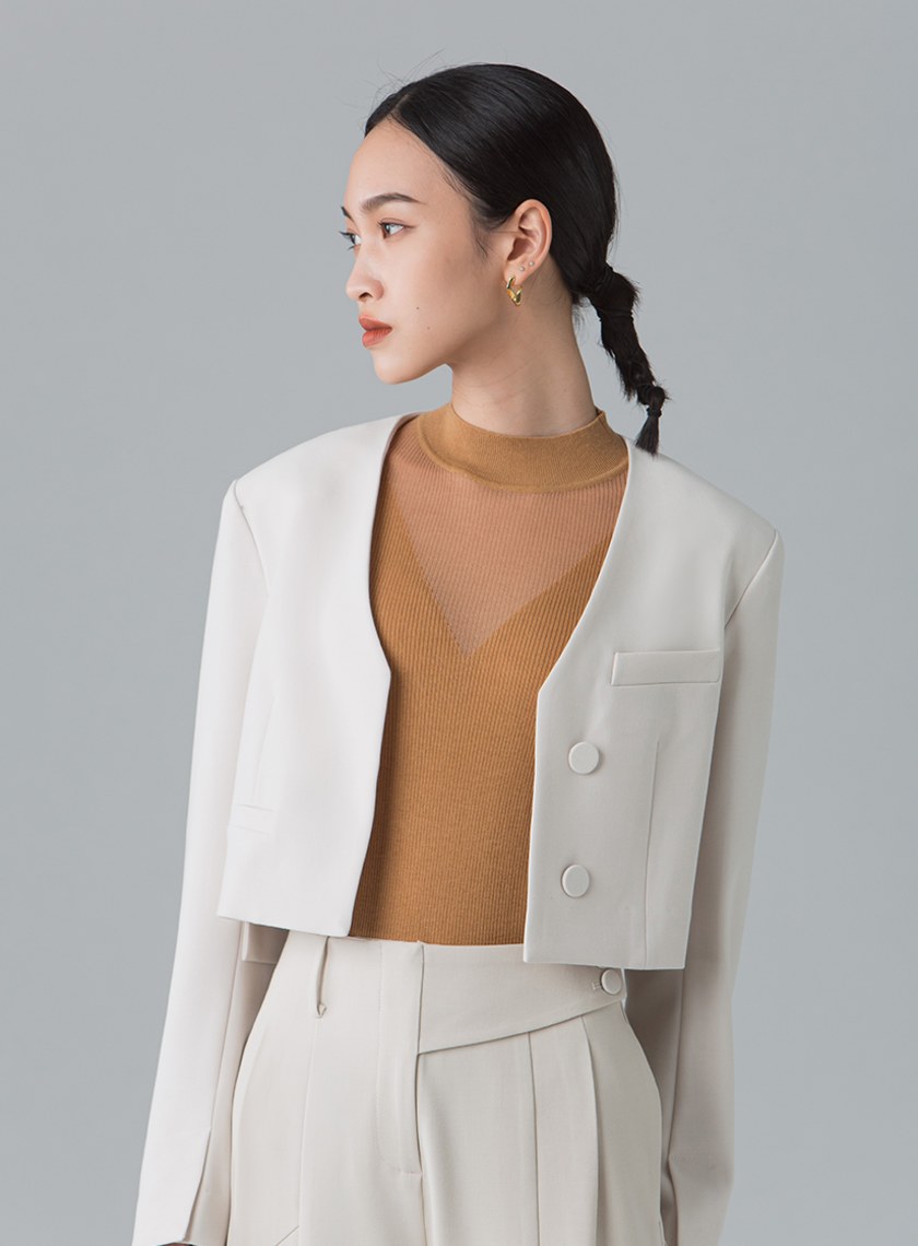 俐落無領短版西裝外套