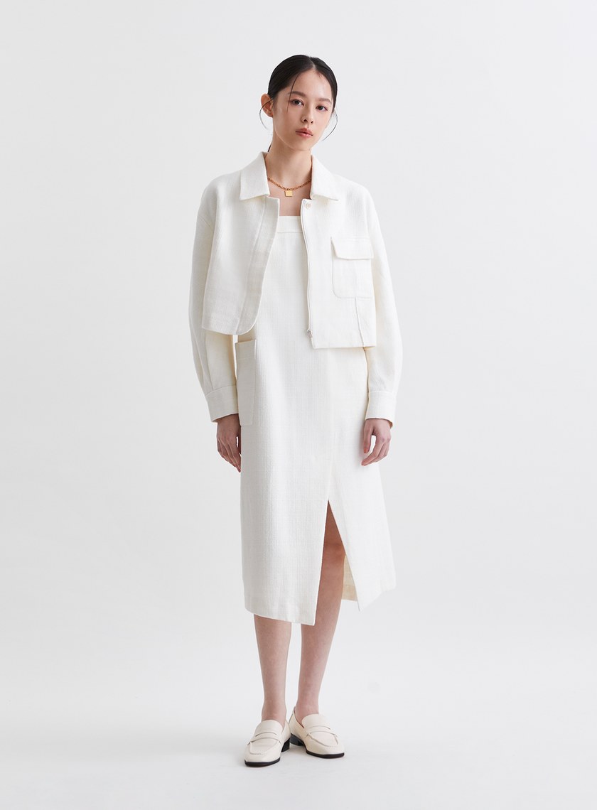 法式優雅寬肩帶開衩洋裝