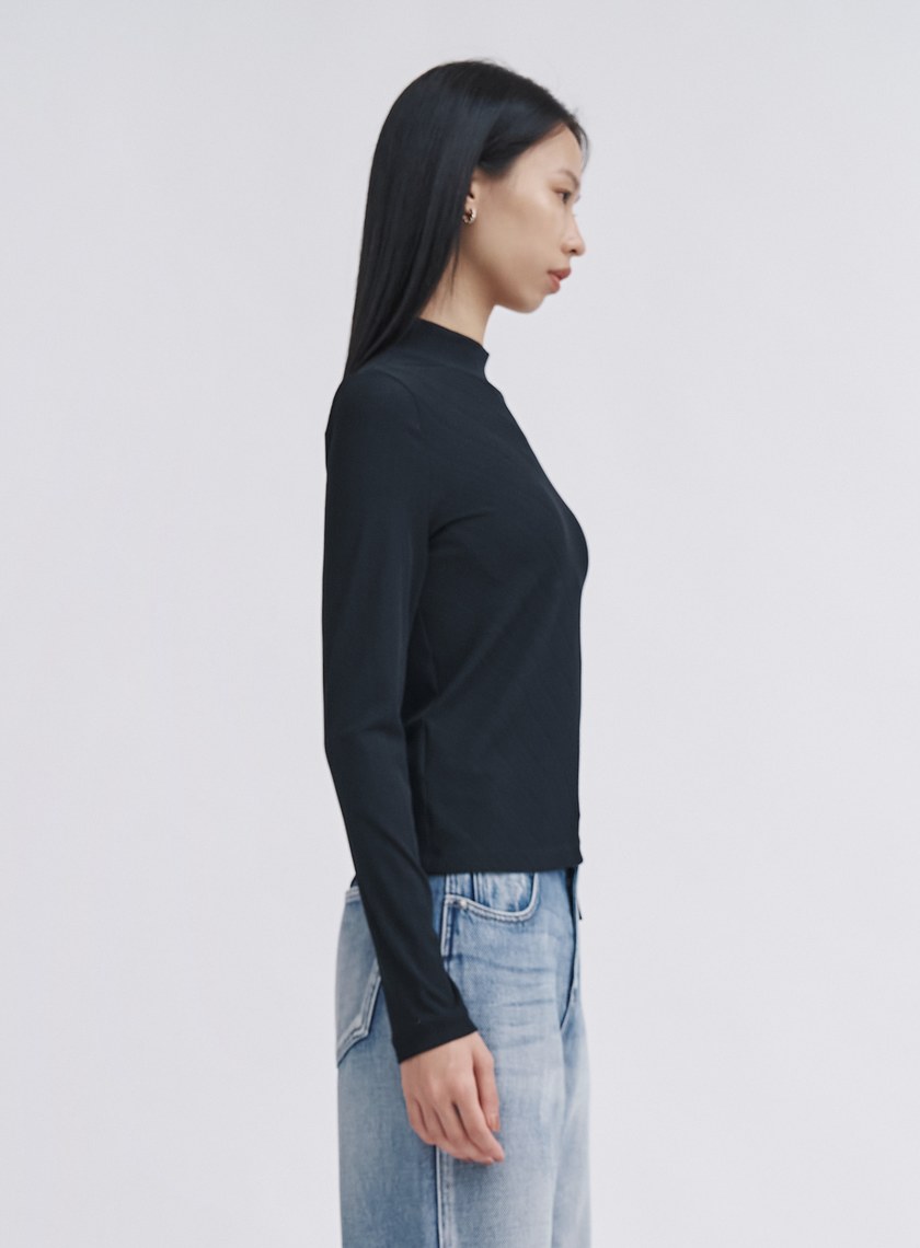 親柔小立領坑條長袖上衣