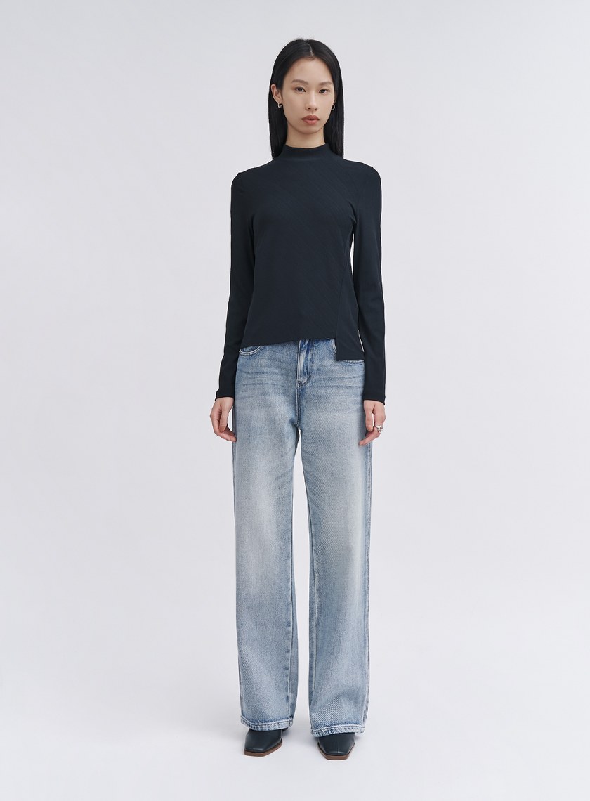 親柔小立領坑條長袖上衣