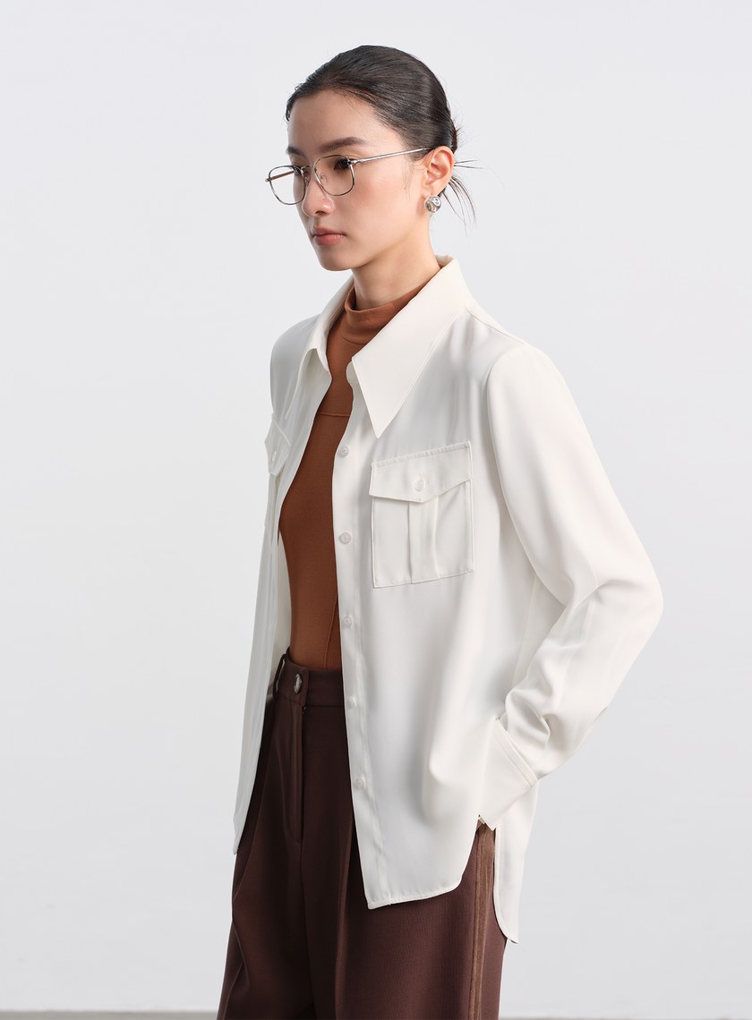 光澤感垂墜開衩襯衫