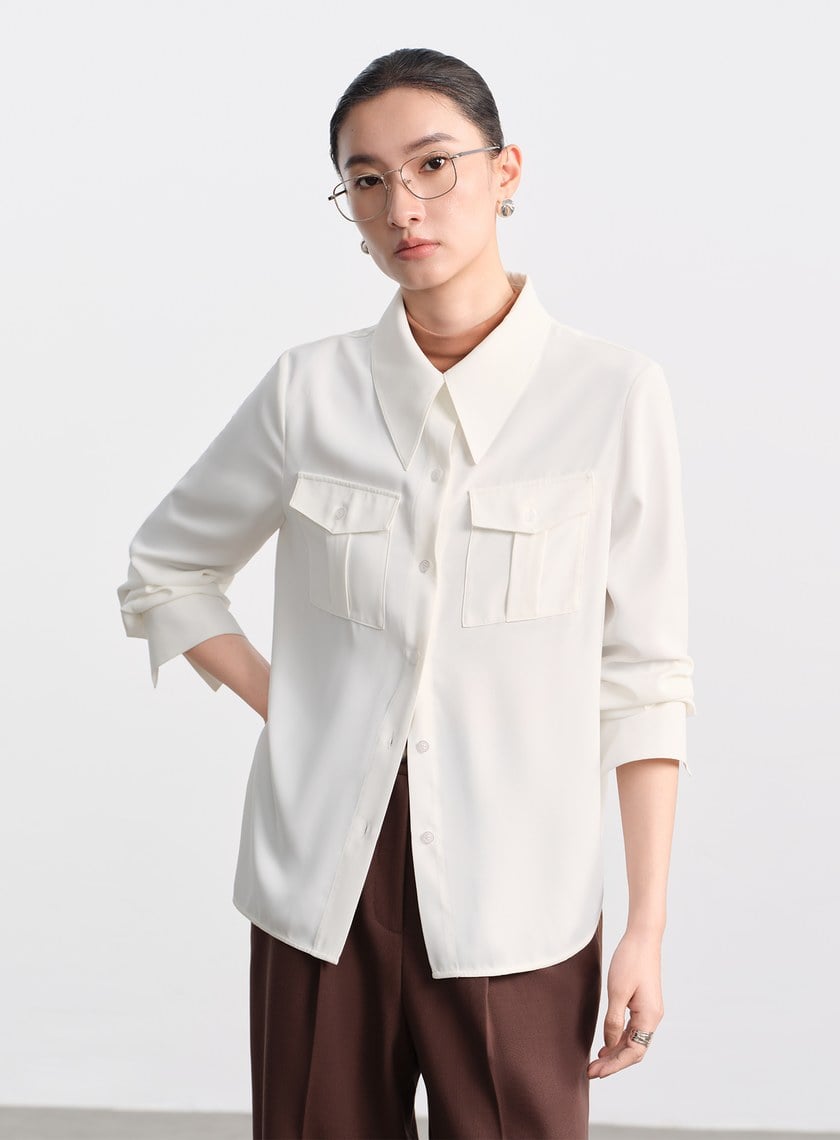 光澤感垂墜開衩襯衫