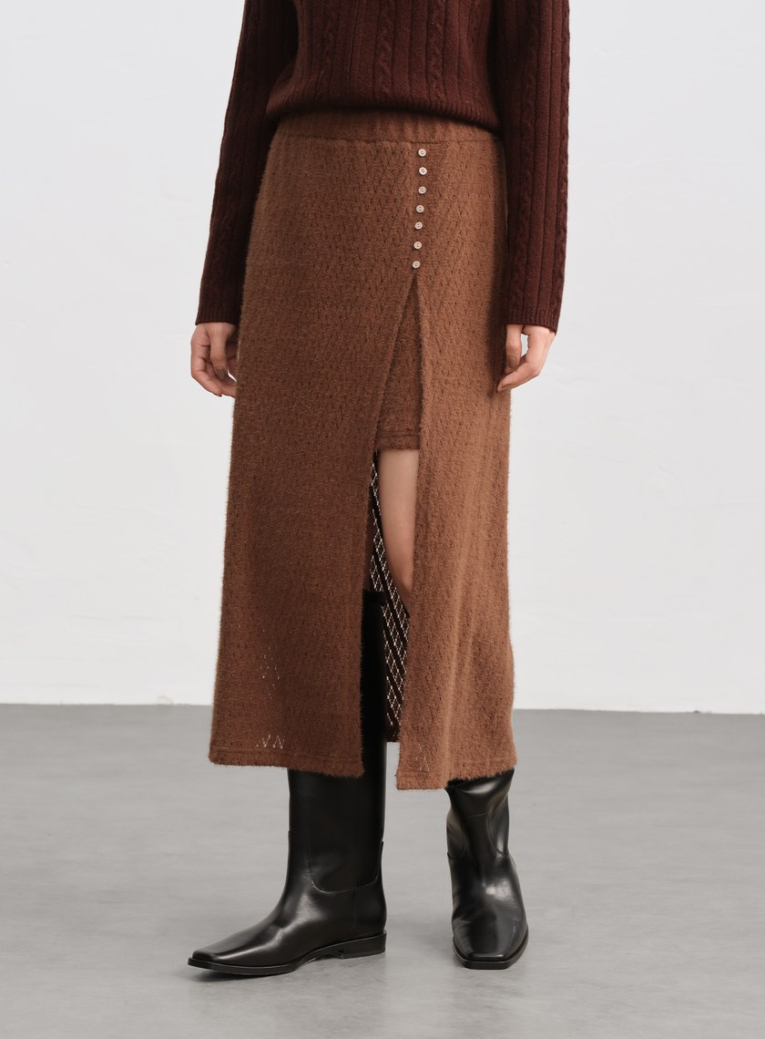 菱格紋直筒開衩半身裙