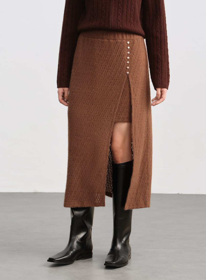 菱格紋直筒開衩半身裙