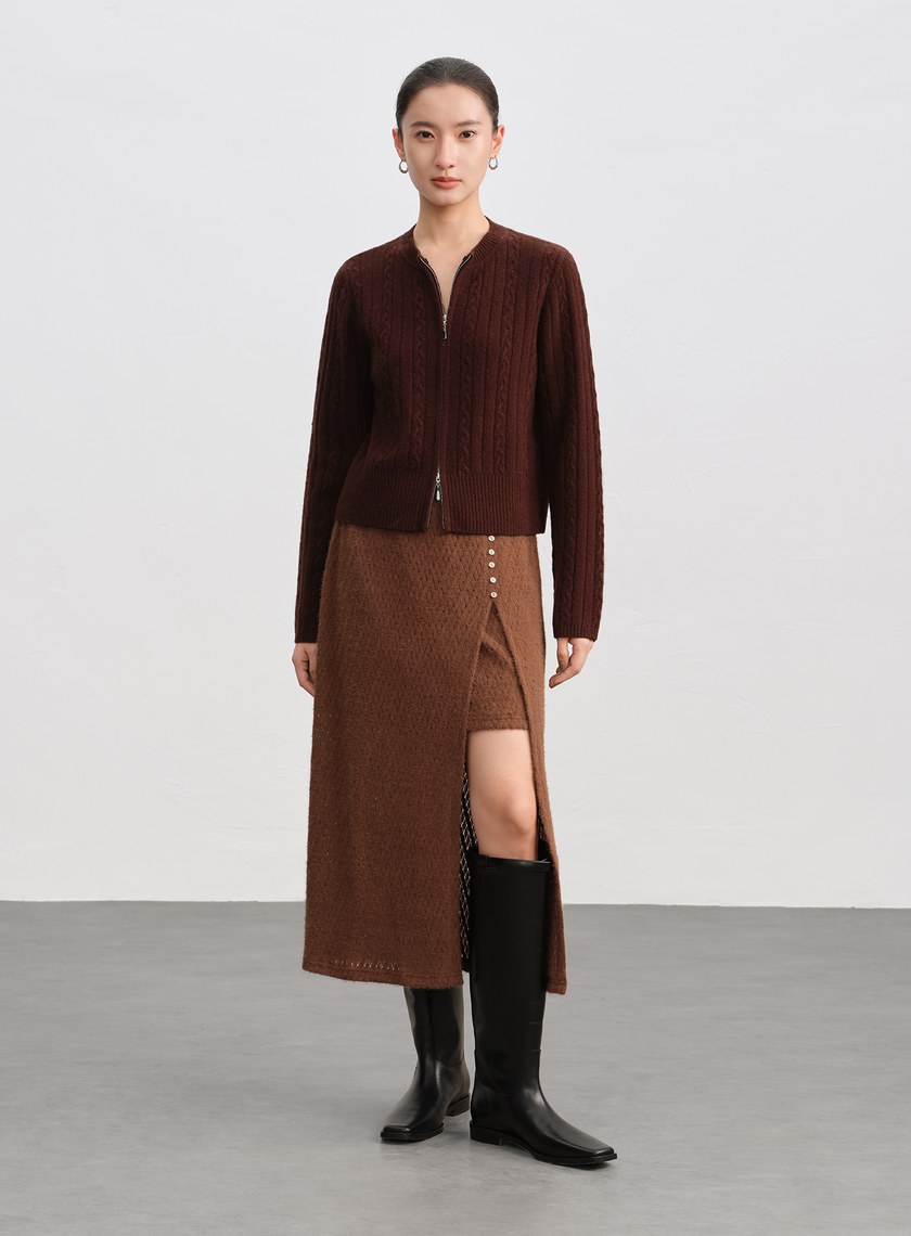 菱格紋直筒開衩半身裙