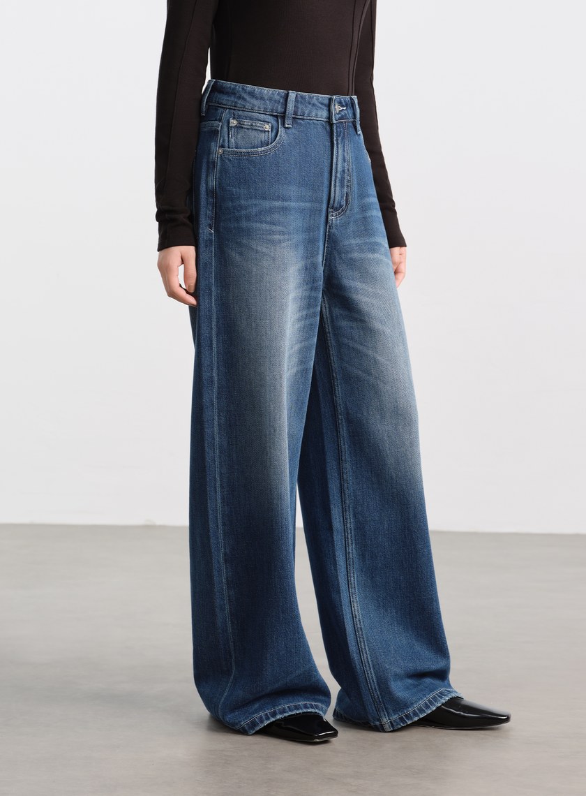 高腰挺版牛仔寬褲