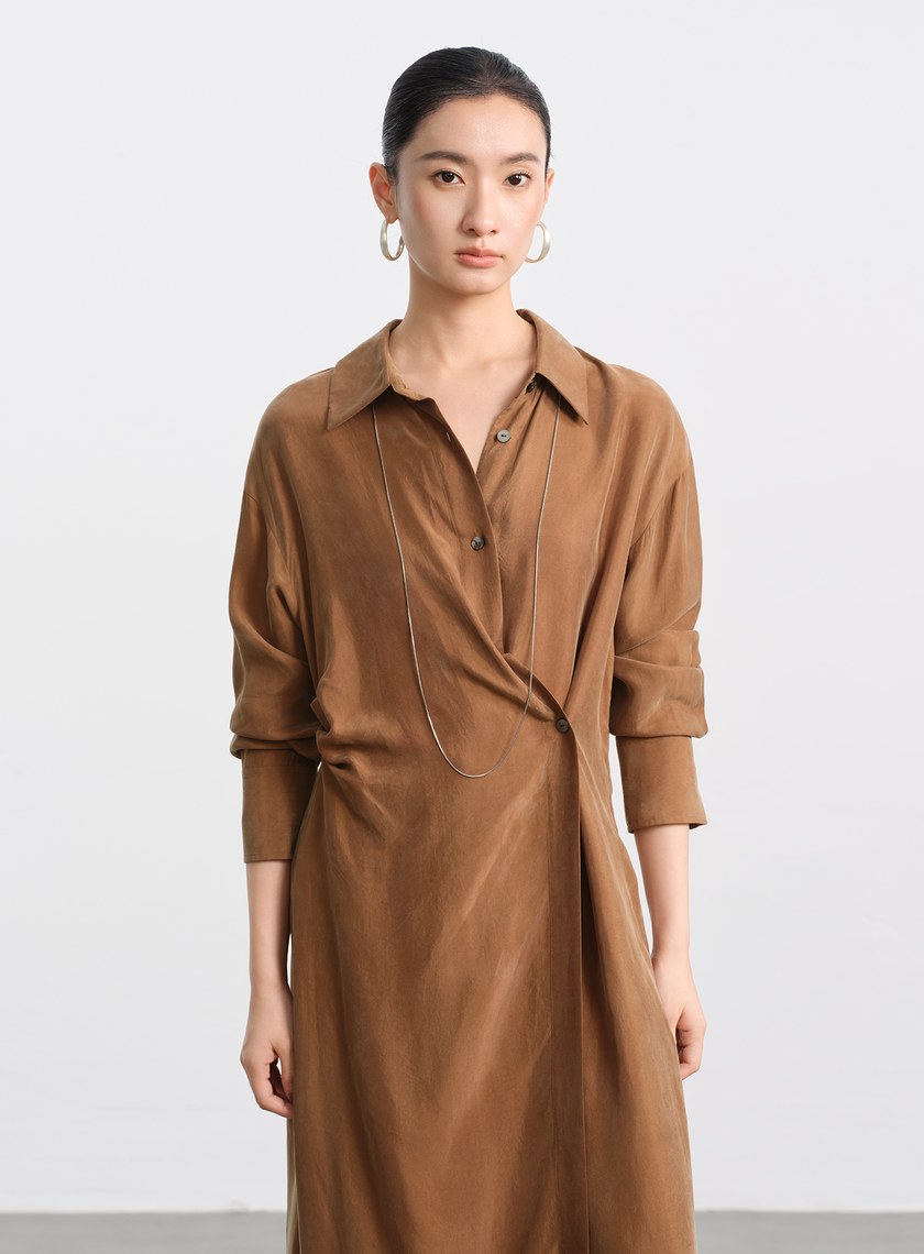 不對稱斜釦襯衫洋裝