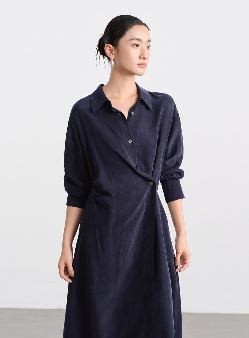 不對稱斜釦襯衫洋裝