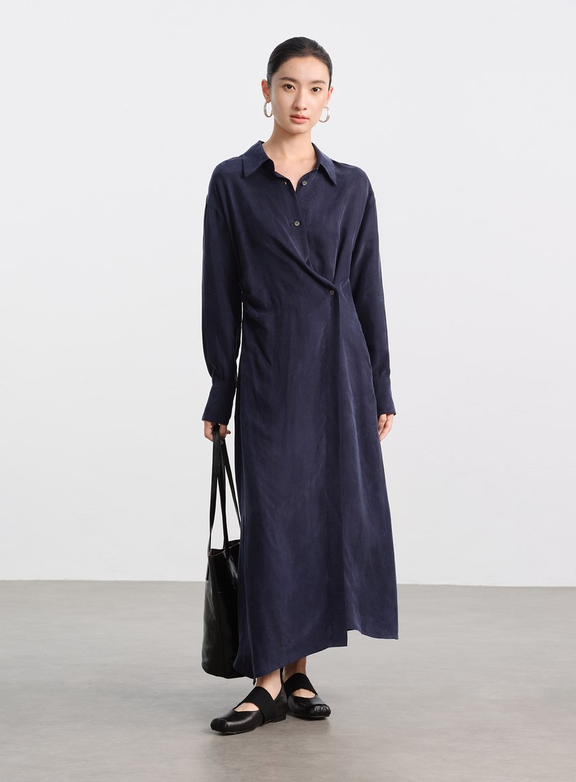 不對稱斜釦襯衫洋裝