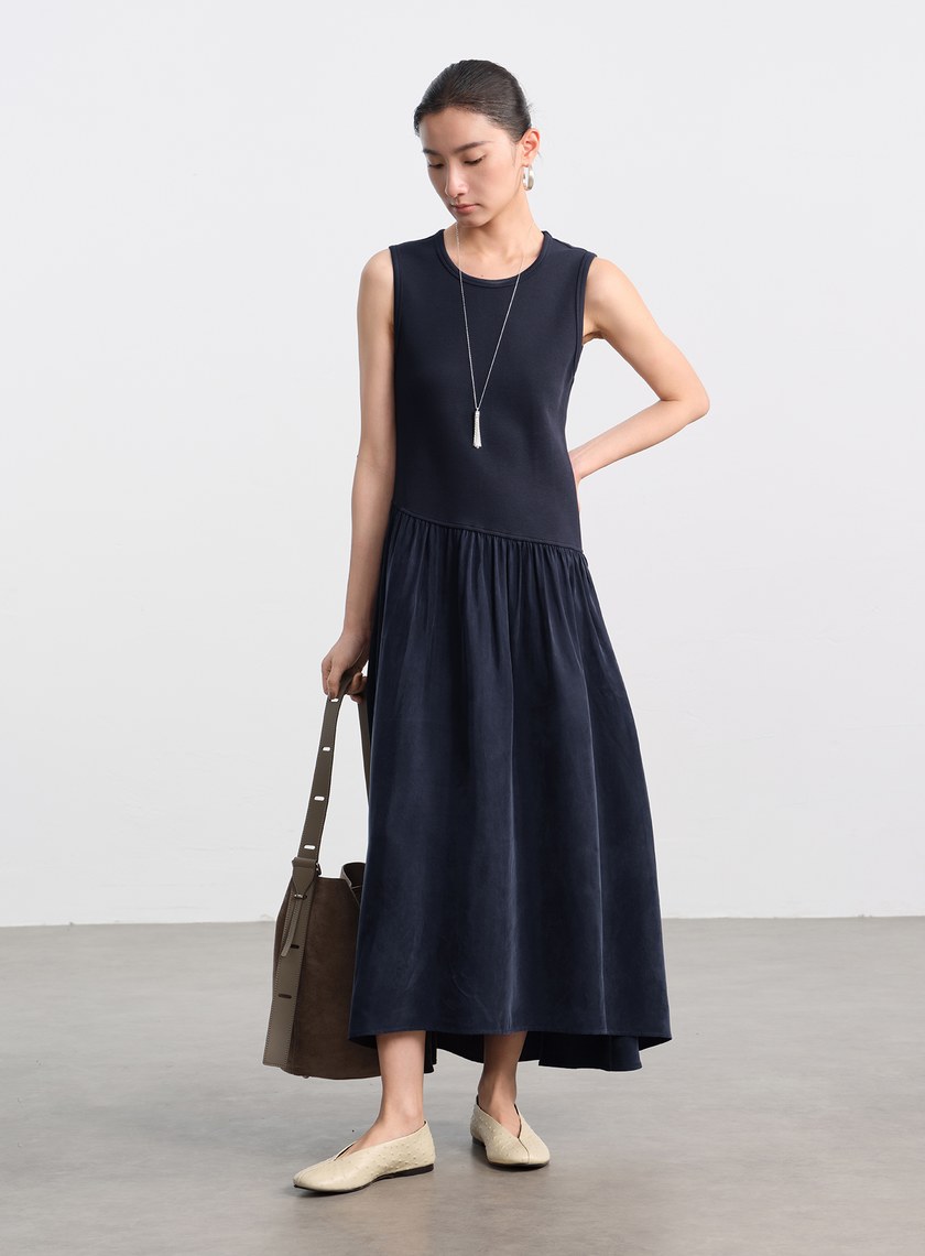 異材質拼接不對稱連身裙