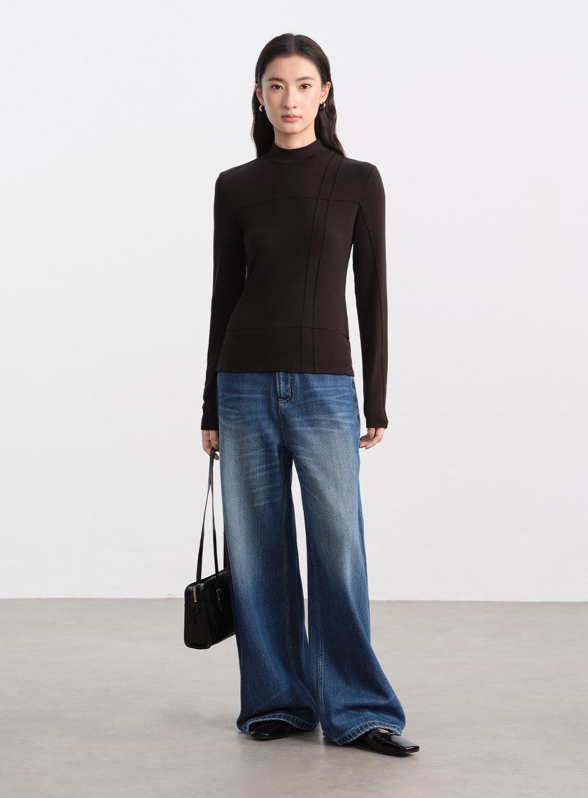 立體褶飾高領發熱上衣