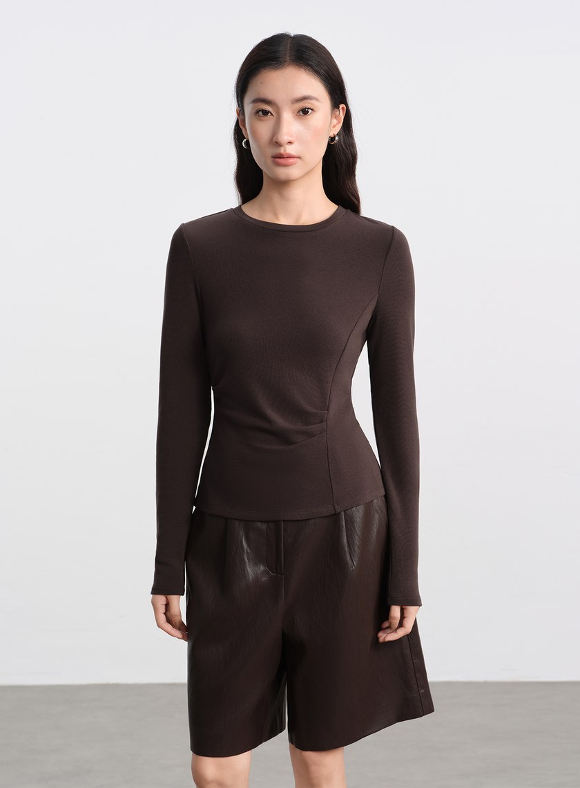 不對稱抓褶圓領發熱上衣