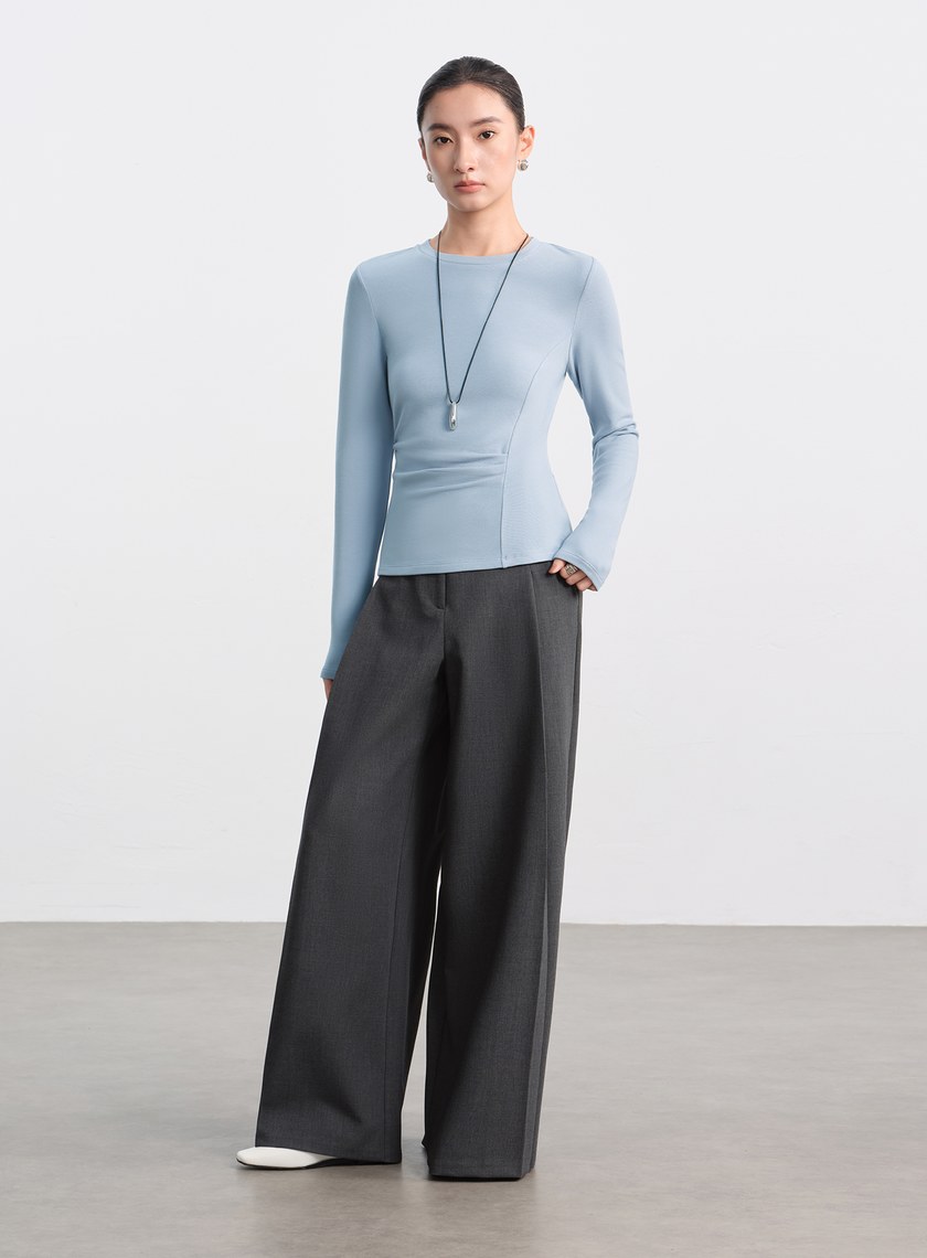 不對稱抓褶圓領發熱上衣