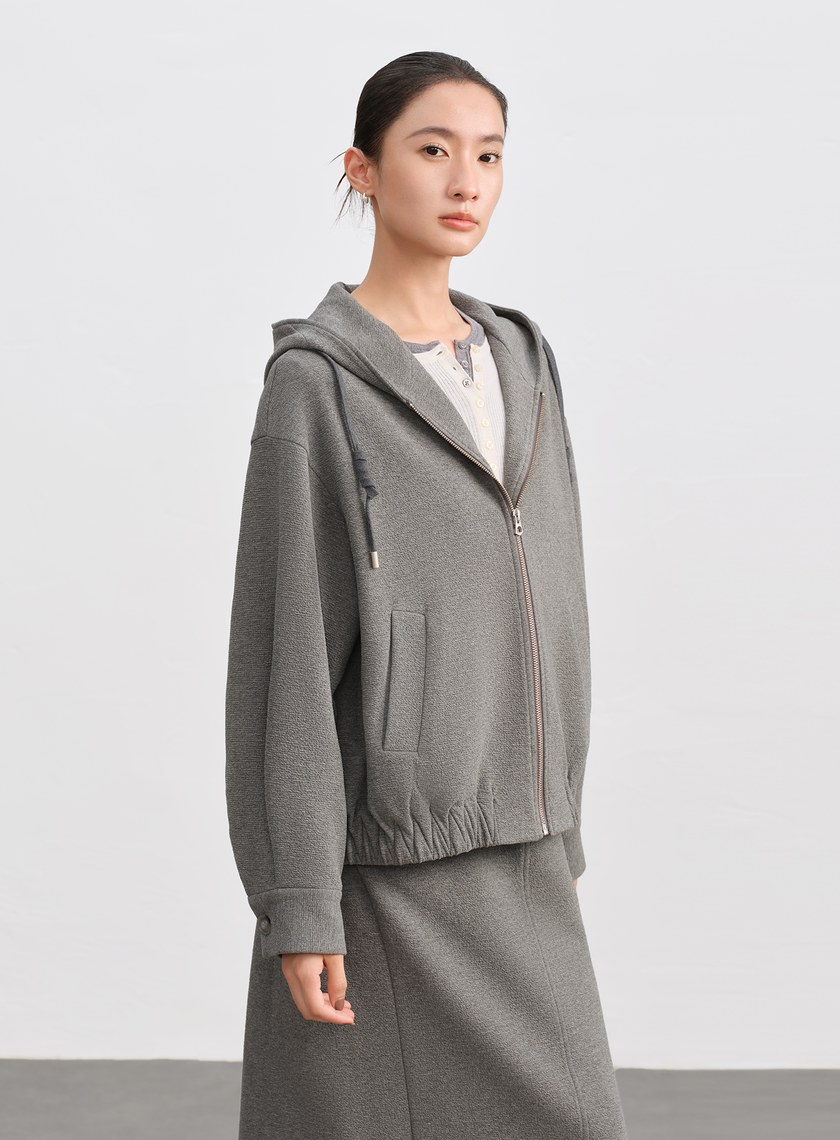 特殊紋理短版連帽開襟外套