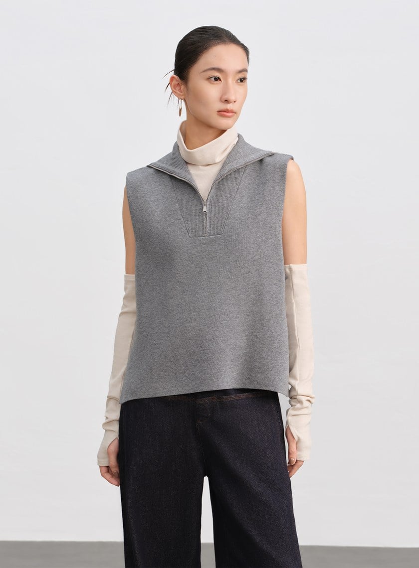 絲光羊毛翻領拉鍊針織背心