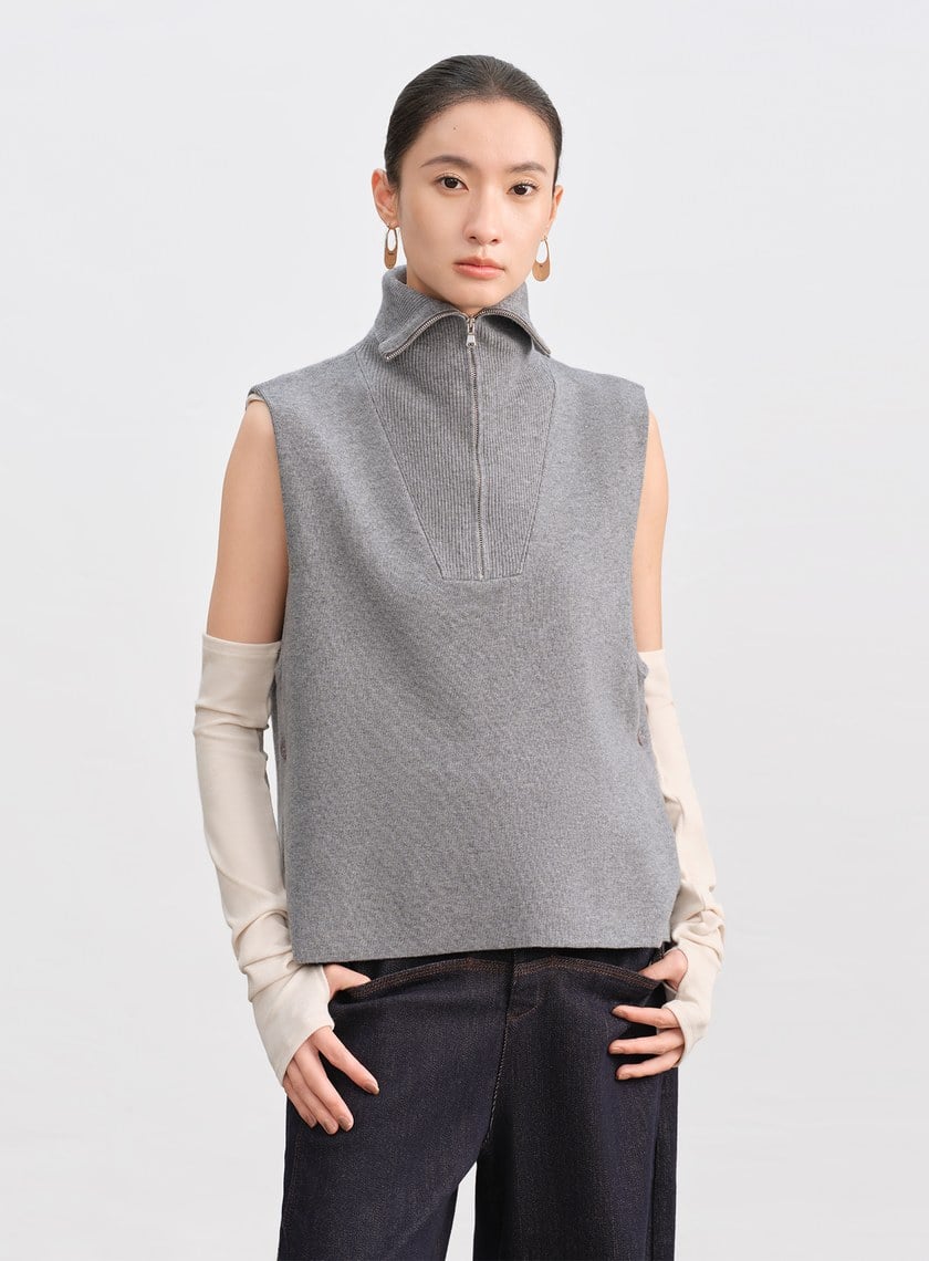 絲光羊毛翻領拉鍊針織背心