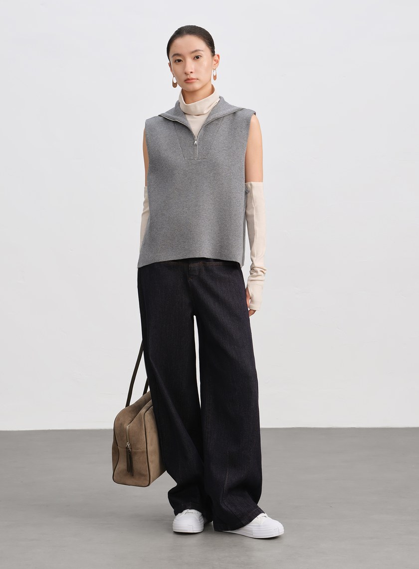 絲光羊毛翻領拉鍊針織背心