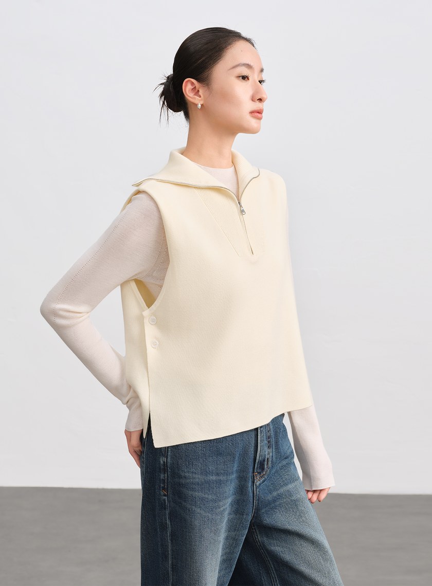 絲光羊毛翻領拉鍊針織背心