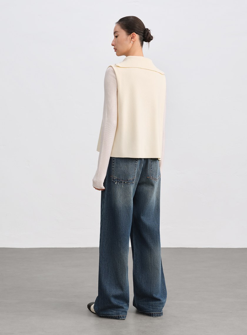 絲光羊毛翻領拉鍊針織背心