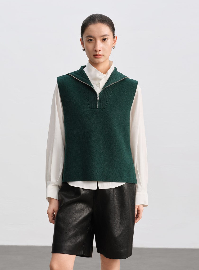 絲光羊毛翻領拉鍊針織背心