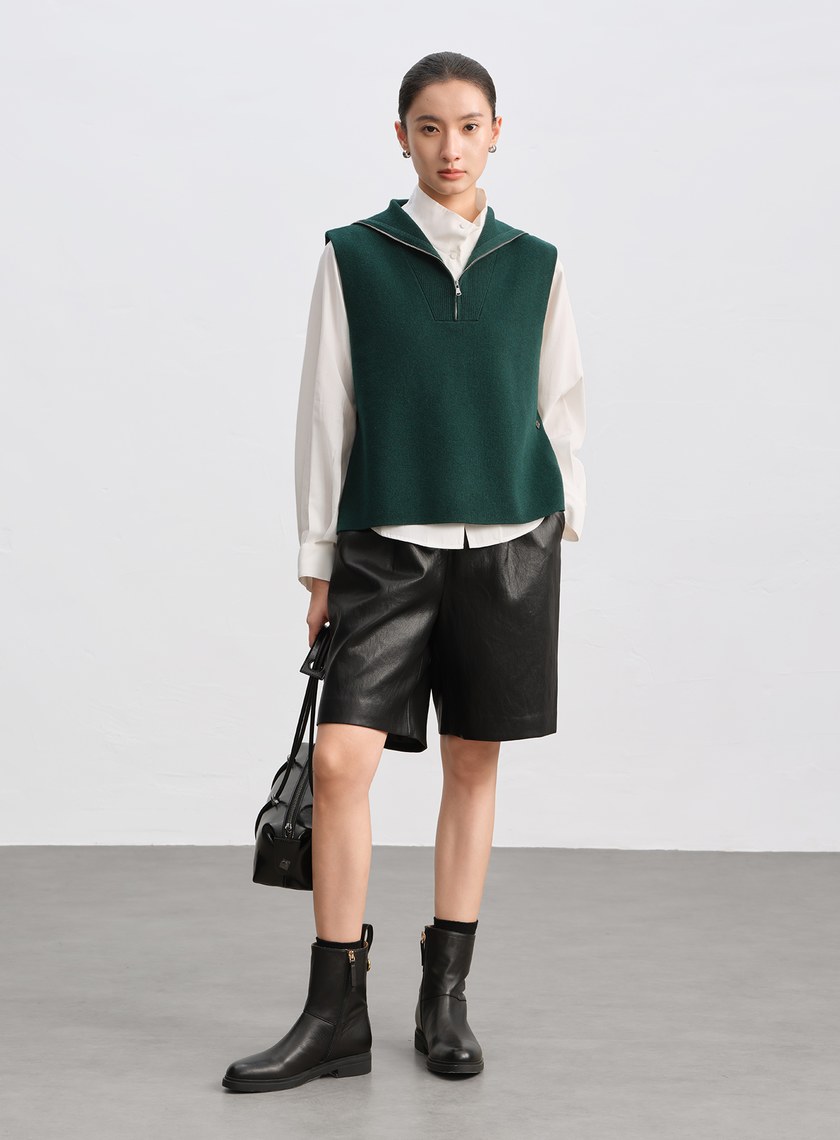 絲光羊毛翻領拉鍊針織背心