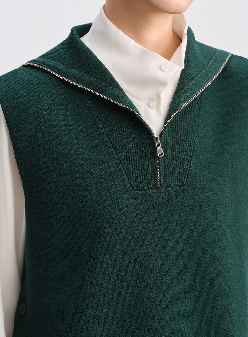 絲光羊毛翻領拉鍊針織背心