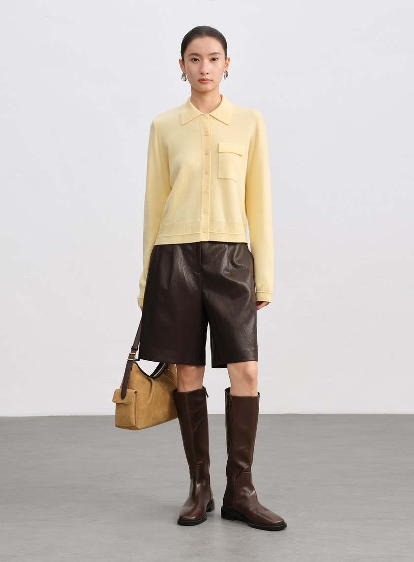 絲光羊毛襯衫領針織上衣