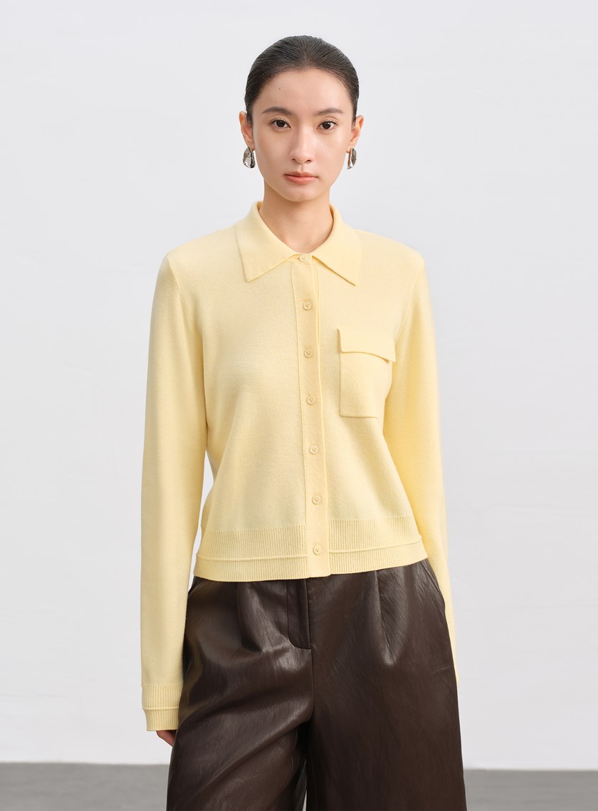 絲光羊毛襯衫領針織上衣