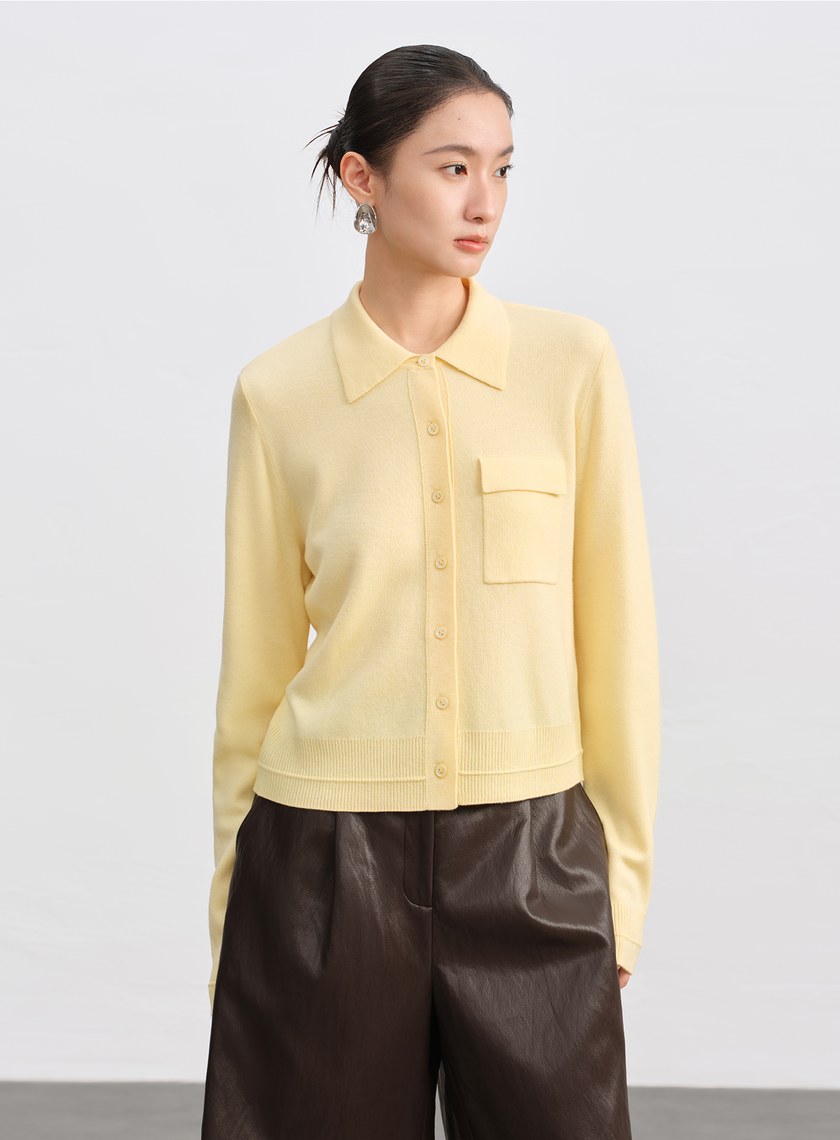 絲光羊毛襯衫領針織上衣