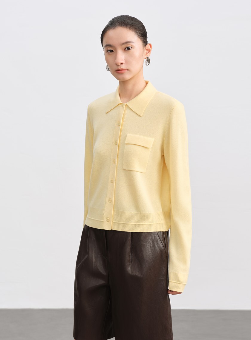 絲光羊毛襯衫領針織上衣