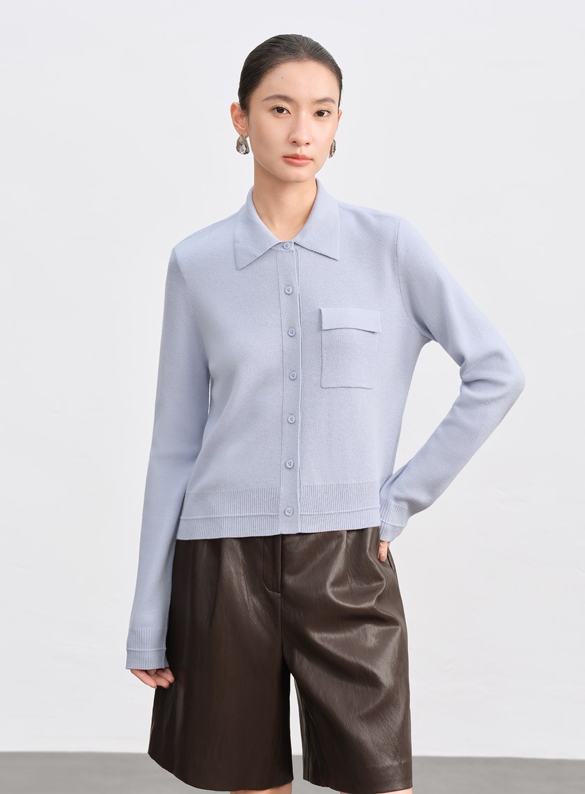 絲光羊毛襯衫領針織上衣