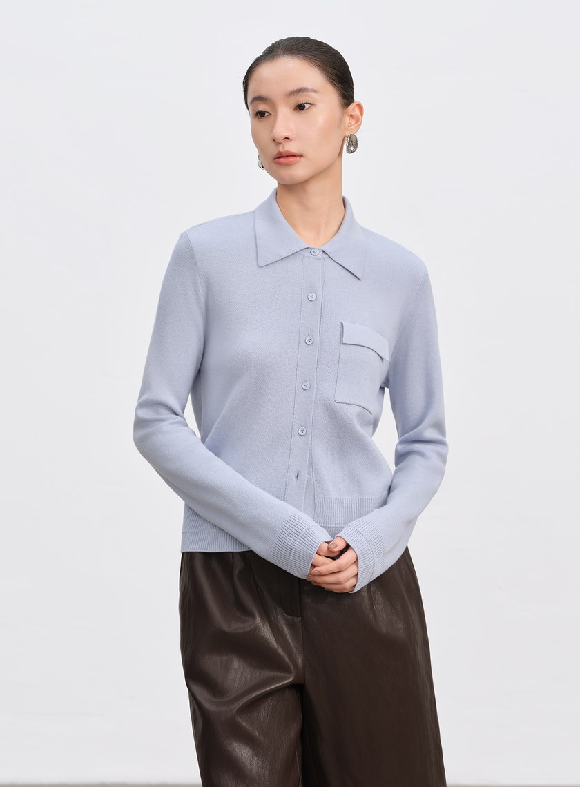 絲光羊毛襯衫領針織上衣