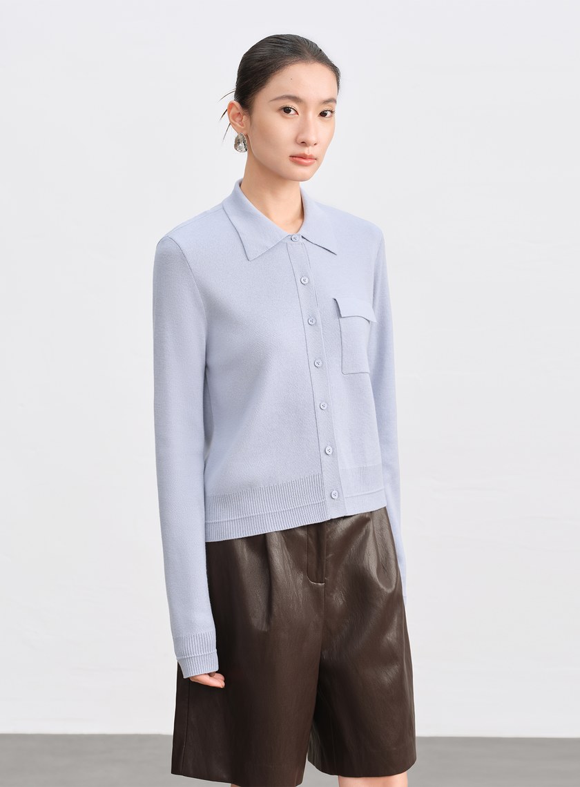 絲光羊毛襯衫領針織上衣