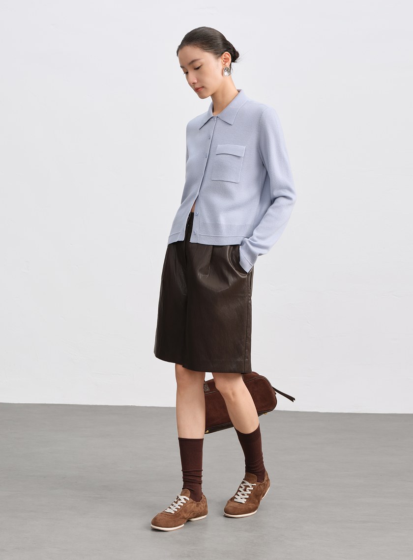 絲光羊毛襯衫領針織上衣