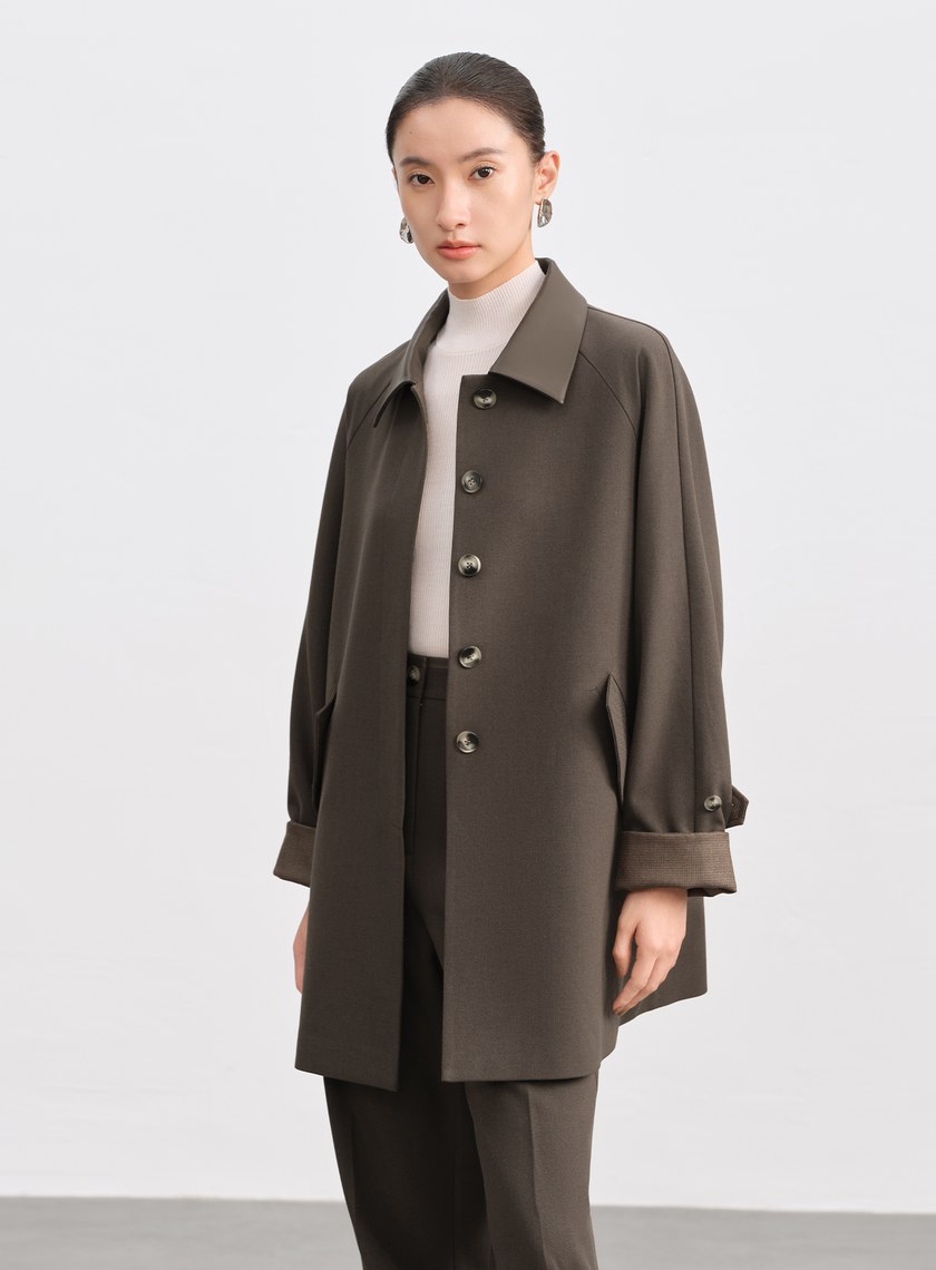 格紋拼接巴恩風中長版風衣