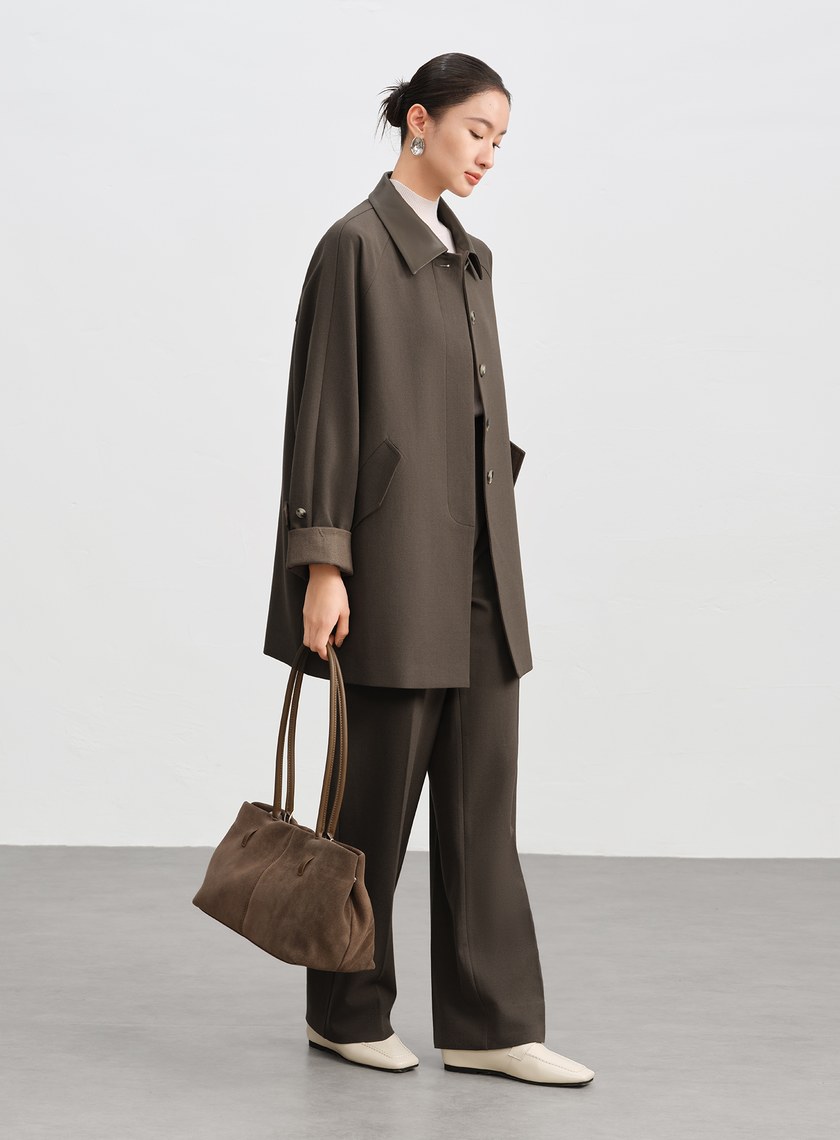 格紋拼接巴恩風中長版風衣