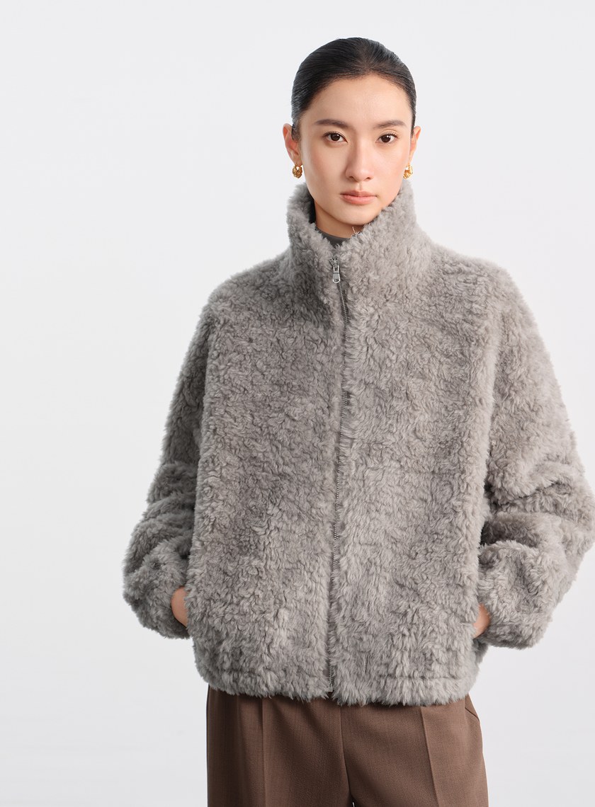 100%羊毛半高領皮草外套