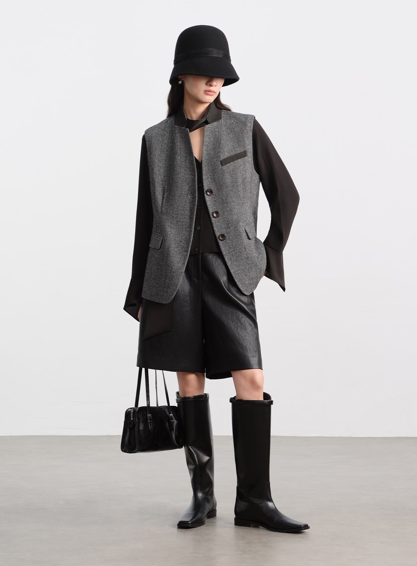 麂皮拼接人字紋立領馬甲