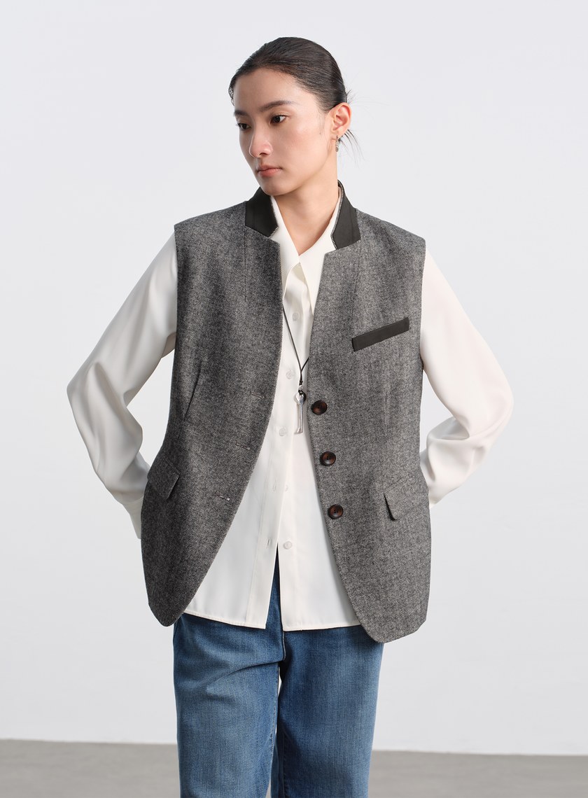 麂皮拼接人字紋立領馬甲