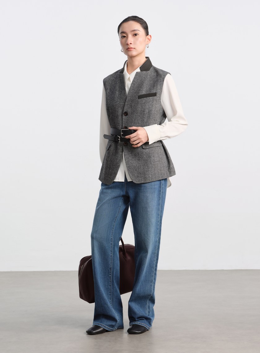 麂皮拼接人字紋立領馬甲