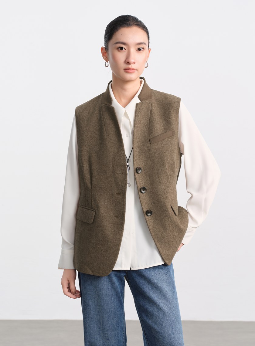 麂皮拼接人字紋立領馬甲