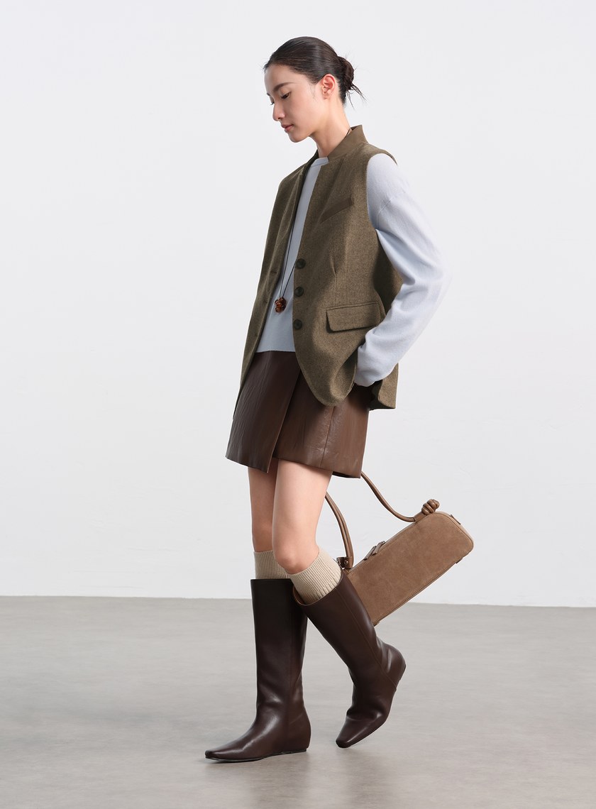 麂皮拼接人字紋立領馬甲