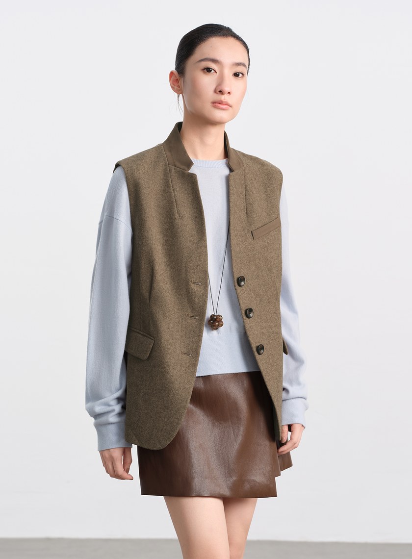 麂皮拼接人字紋立領馬甲