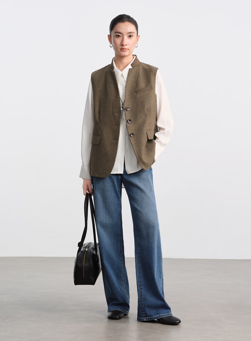 麂皮拼接人字紋立領馬甲