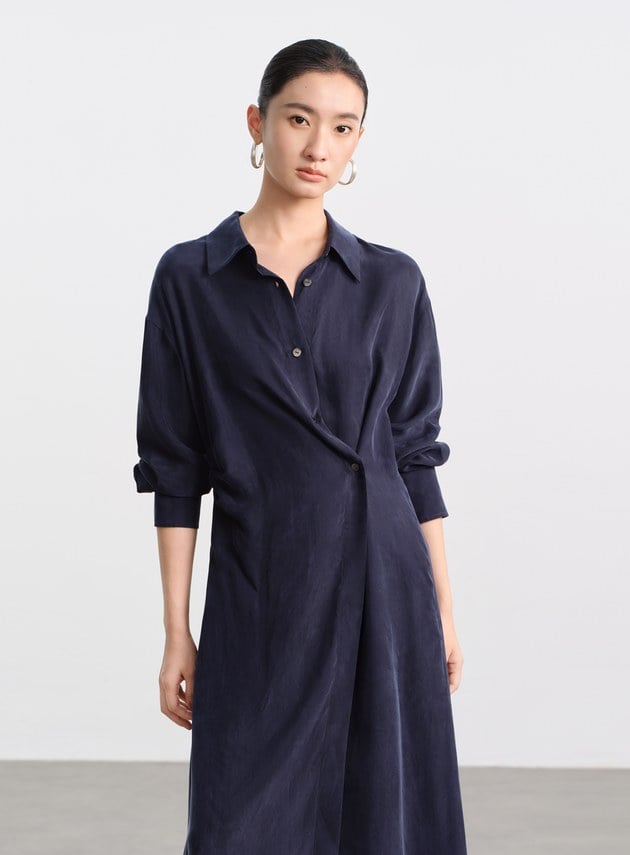 不對稱斜釦襯衫洋裝