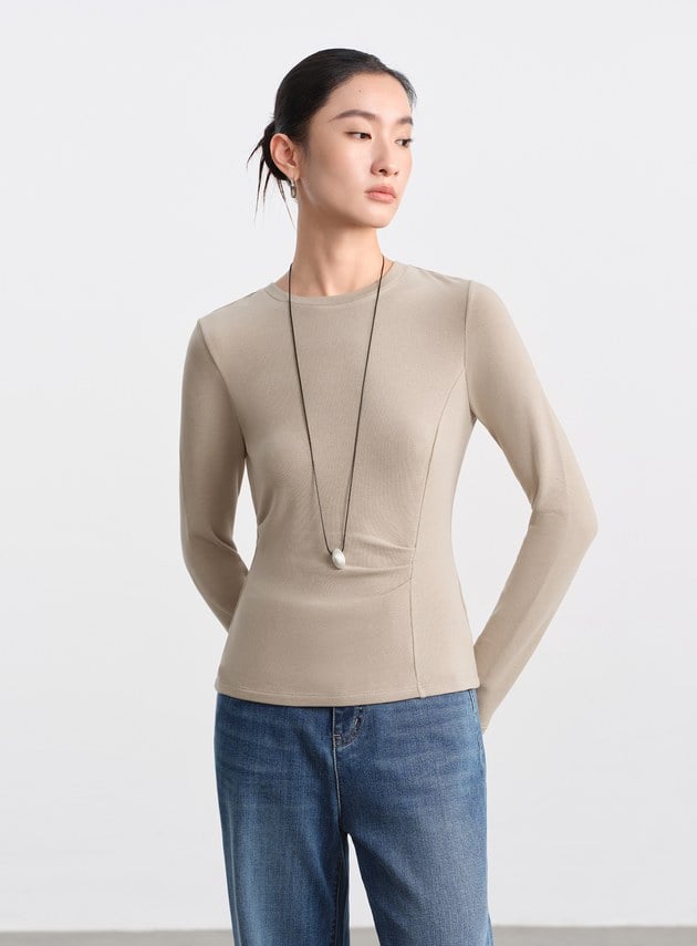 不對稱抓褶圓領發熱上衣