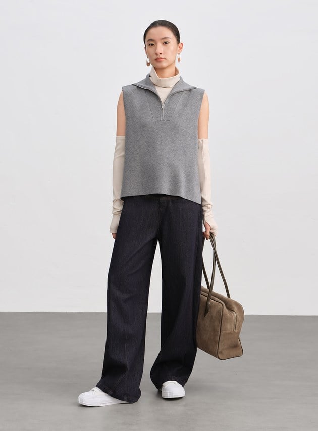絲光羊毛翻領拉鍊針織背心