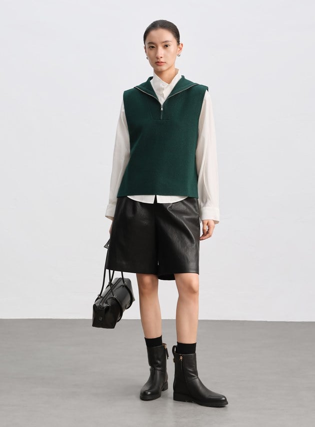 絲光羊毛翻領拉鍊針織背心