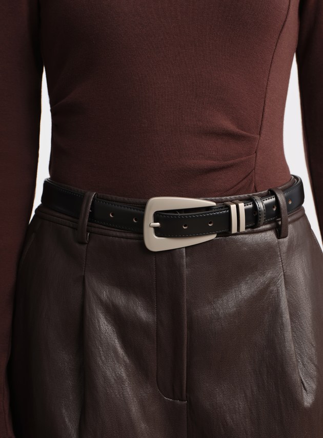 真皮霧銀椭圓造型皮帶