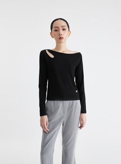 斜領鏤空長袖坑條上衣